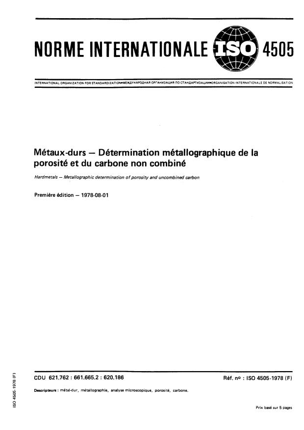 ISO 4505:1978 - Métaux-durs -- Détermination métallographique de la porosité et du carbone non combiné