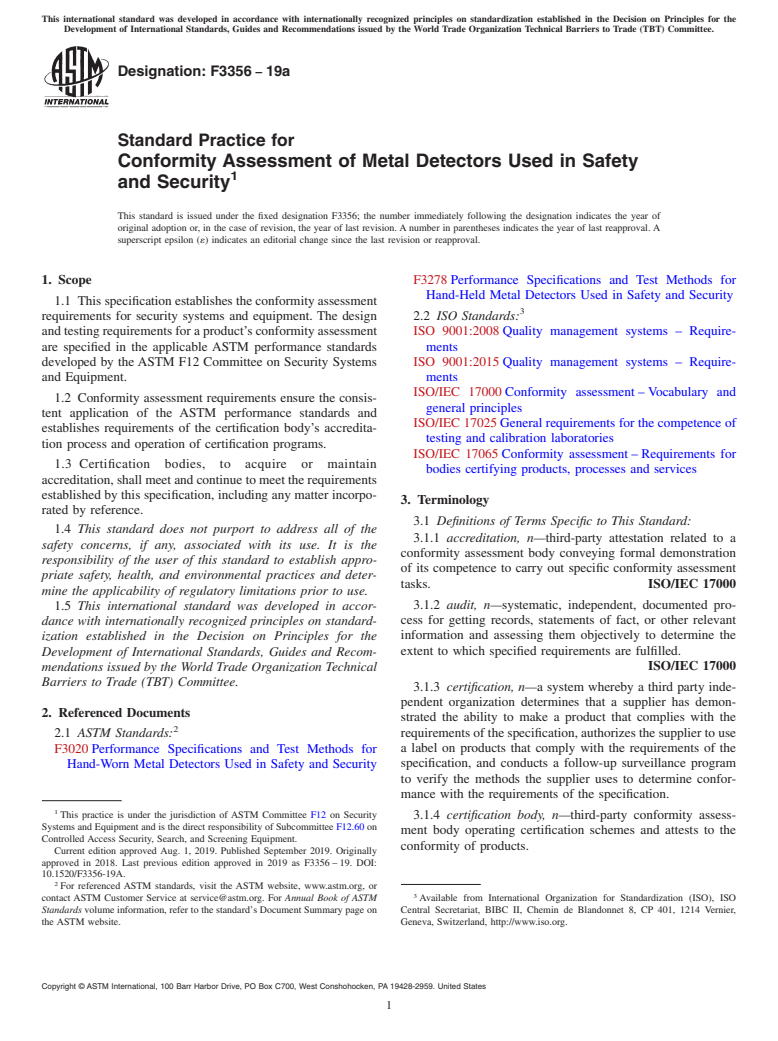 ASTM F3356-19a - Standard Practice for Conformity Assessment of Metal Detectors Used in Safety and  Security
