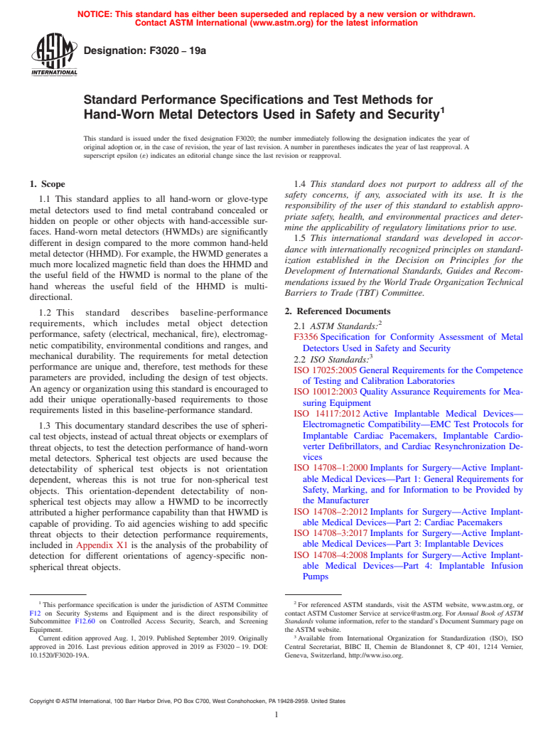 ASTM F3020-19a - Standard Performance Specifications and Test Methods for Hand-Worn Metal Detectors Used in Safety and Security