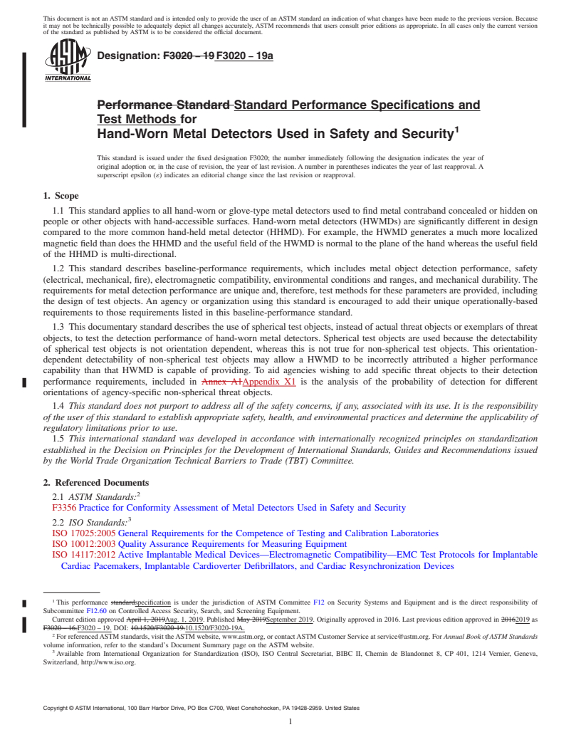 REDLINE ASTM F3020-19a - Standard Performance Specifications and Test Methods for Hand-Worn Metal Detectors Used in Safety and Security