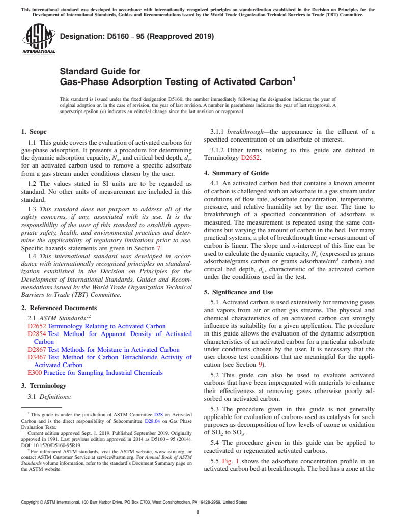 ASTM D5160-95(2019) - Standard Guide for  Gas-Phase Adsorption Testing of Activated Carbon