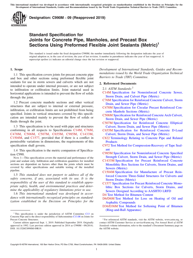 ASTM C990M-09(2019) - Standard Specification for  Joints for Concrete Pipe, Manholes, and Precast Box Sections  Using Preformed Flexible Joint Sealants (Metric)