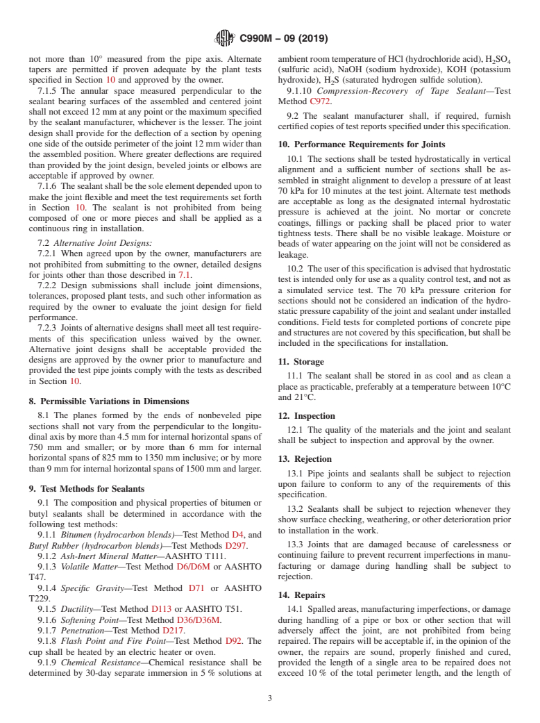 ASTM C990M-09(2019) - Standard Specification for  Joints for Concrete Pipe, Manholes, and Precast Box Sections  Using Preformed Flexible Joint Sealants (Metric)