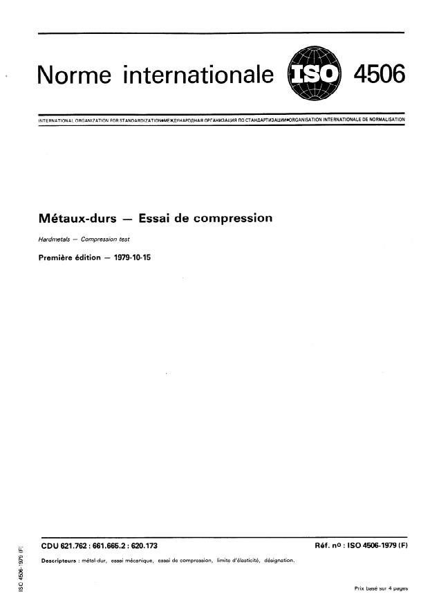 ISO 4506:1979 - Métaux-durs -- Essai de compression