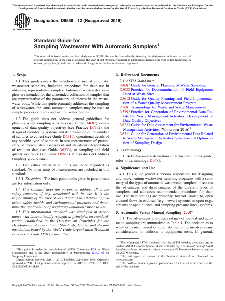 ASTM D6538-12(2019) - Standard Guide for  Sampling Wastewater With Automatic Samplers