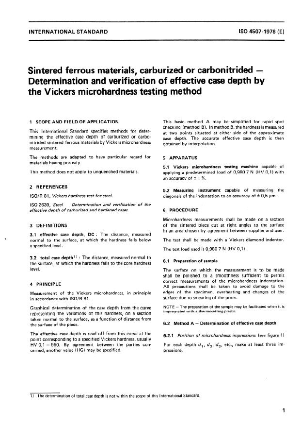 ISO 4507:1978 - Sintered ferrous materials, carburized or carbonitrided -- Determination and verification of effective case depth by the Vickers microhardness testing method