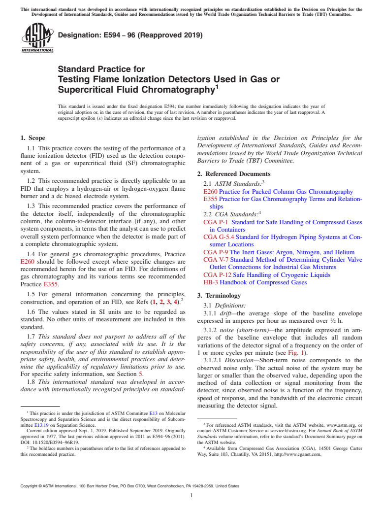 ASTM E594-96(2019) - Standard Practice for Testing Flame Ionization Detectors Used in Gas or Supercritical Fluid Chromatography