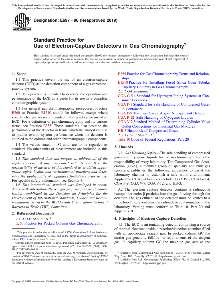 ASTM E697-96(2019) - Standard Practice for Use of Electron-Capture Detectors in Gas Chromatography