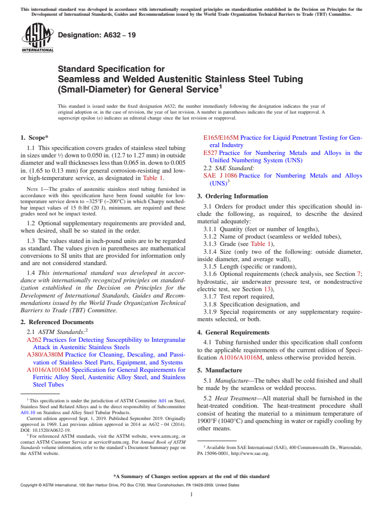 ASTM A632-19 - Standard Specification for  Seamless and Welded Austenitic Stainless Steel Tubing (Small-Diameter)   for General Service