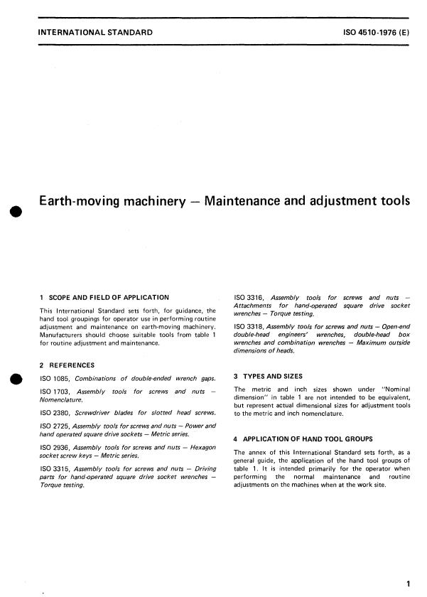 ISO 4510:1976 - Earth-moving machinery -- Maintenance and adjustment tools