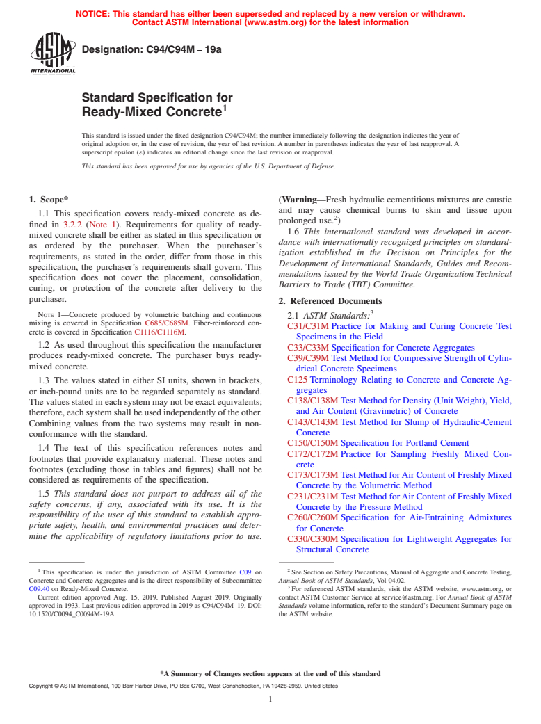 ASTM C94/C94M-19a - Standard Specification for  Ready-Mixed Concrete