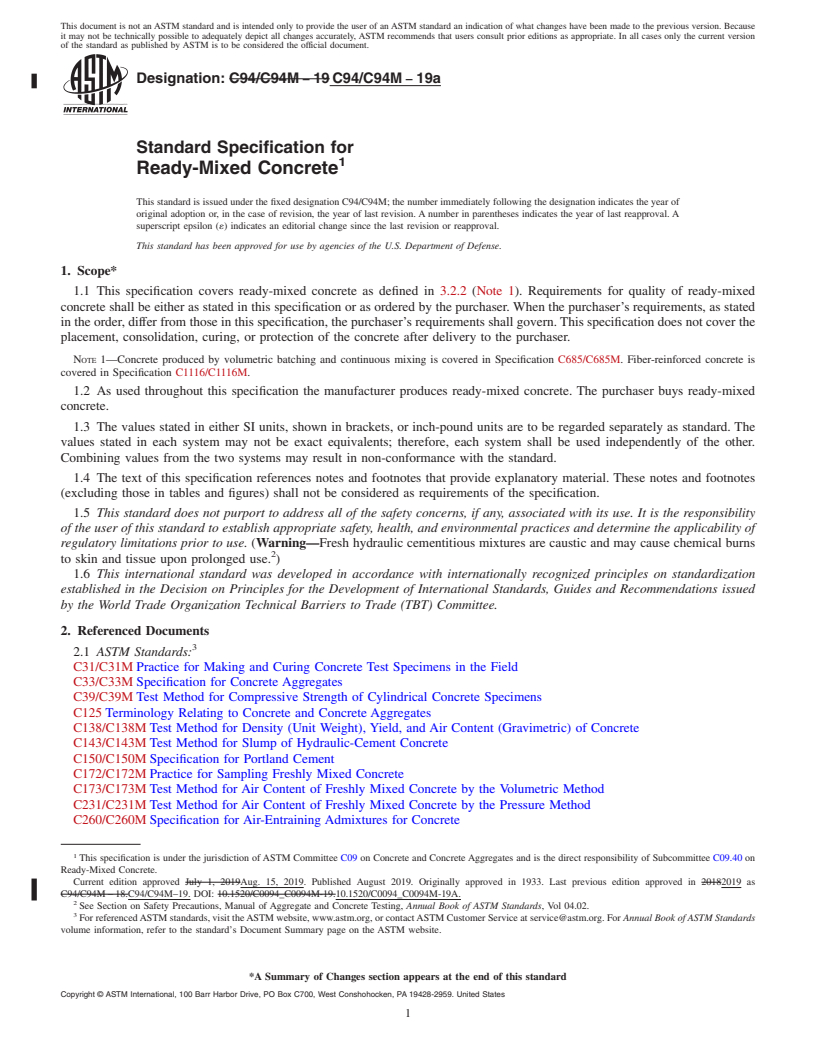 REDLINE ASTM C94/C94M-19a - Standard Specification for  Ready-Mixed Concrete