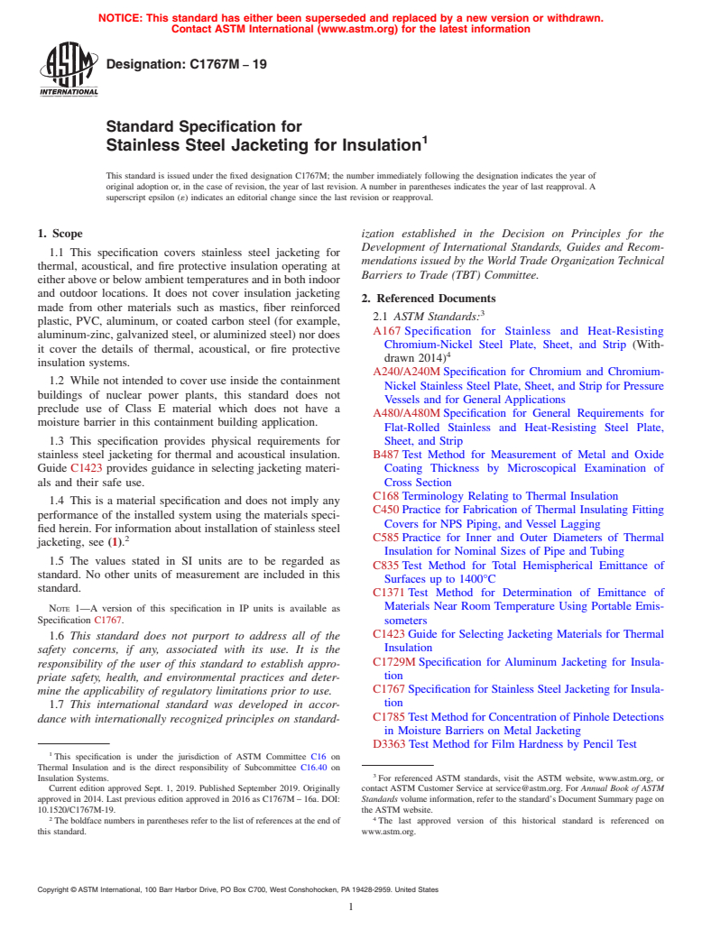 ASTM C1767M-19 - Standard Specification for Stainless Steel Jacketing for Insulation