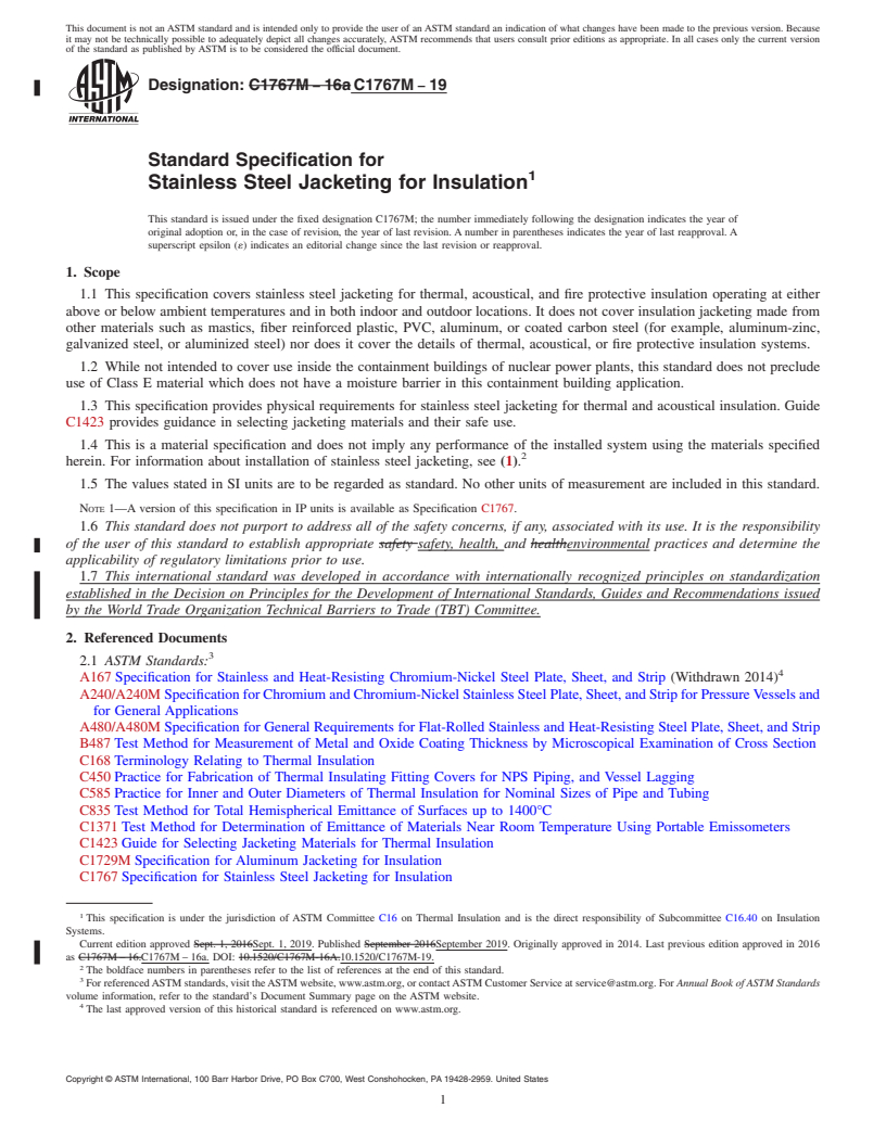 REDLINE ASTM C1767M-19 - Standard Specification for Stainless Steel Jacketing for Insulation