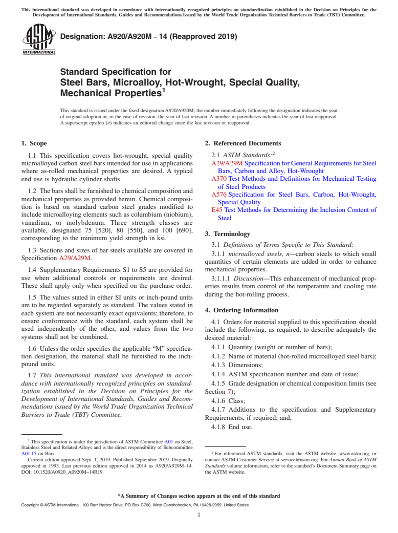 ASTM A920/A920M-14(2019) - Standard Specification for Steel Bars, Microalloy, Hot-Wrought, Special Quality, Mechanical  Properties