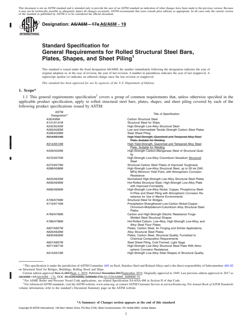 REDLINE ASTM A6/A6M-19 - Standard Specification for  General Requirements for Rolled Structural Steel Bars, Plates,  Shapes, and Sheet Piling