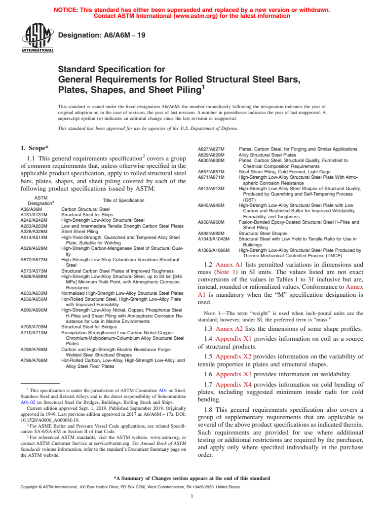 ASTM A6/A6M-19 - Standard Specification for  General Requirements for Rolled Structural Steel Bars, Plates,  Shapes, and Sheet Piling