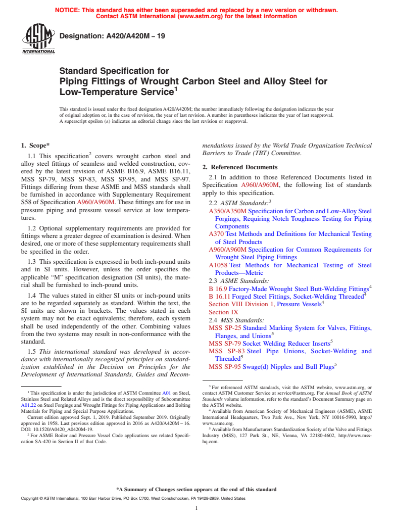 ASTM A420/A420M-19 - Standard Specification for  Piping Fittings of Wrought Carbon Steel and Alloy Steel for   Low-Temperature Service