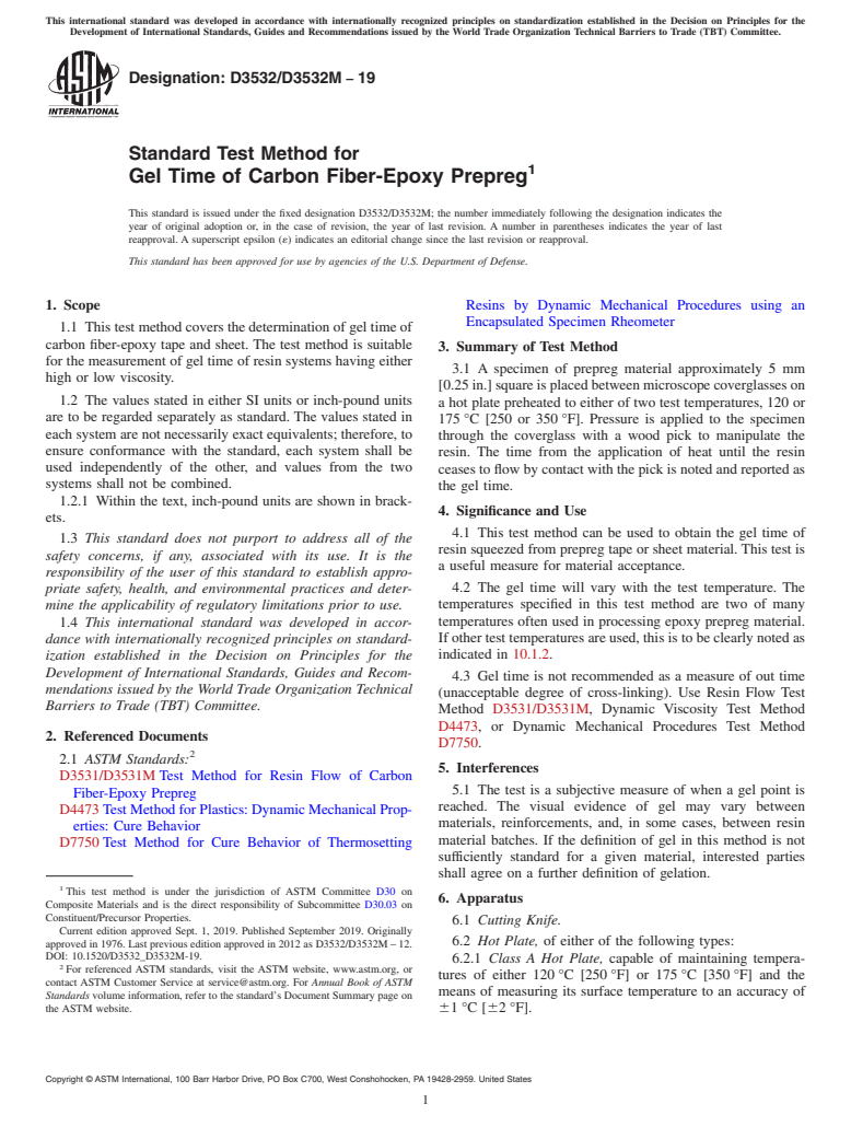 ASTM D3532/D3532M-19 - Standard Test Method for  Gel Time of Carbon Fiber-Epoxy Prepreg