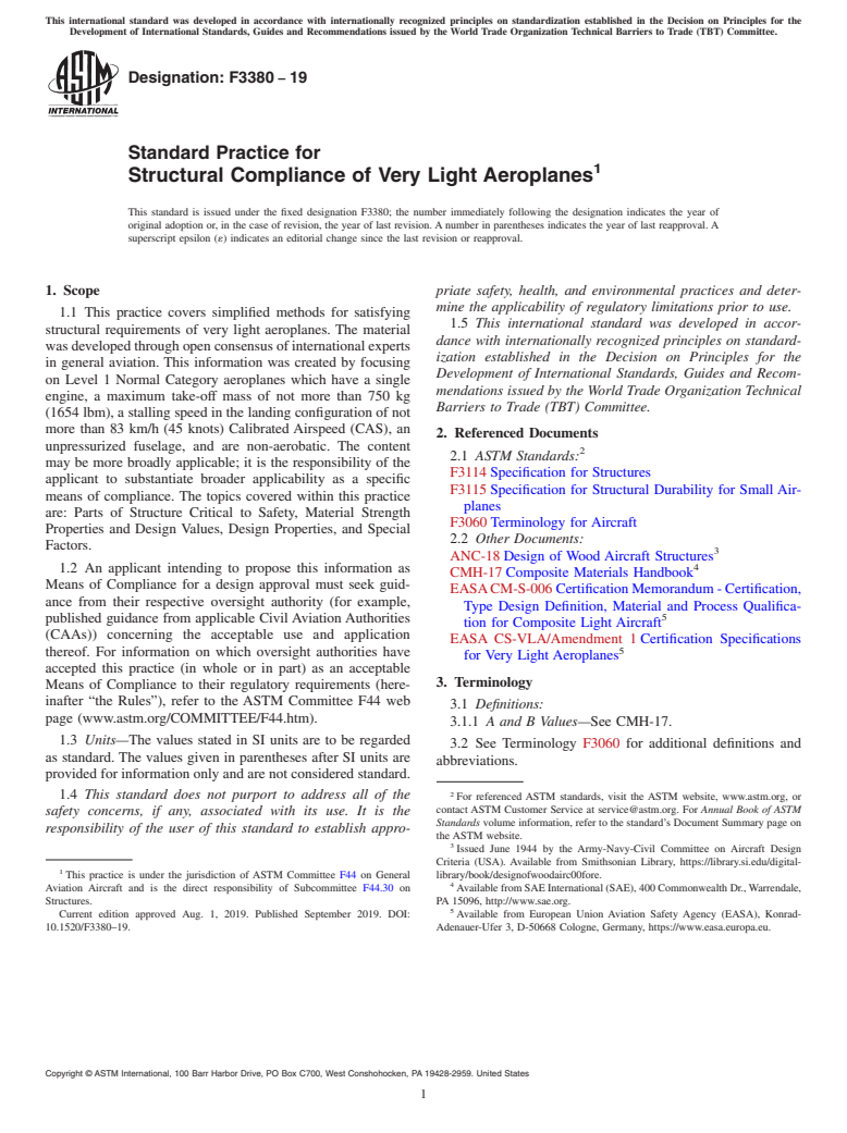 ASTM F3380-19 - Standard Practice for Structural Compliance of Very Light Aeroplanes