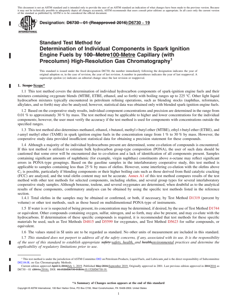 REDLINE ASTM D6730-19 - Standard Test Method for Determination of Individual Components in Spark Ignition Engine   Fuels by 100-Metre Capillary (with Precolumn) High-Resolution  Gas  Chromatography