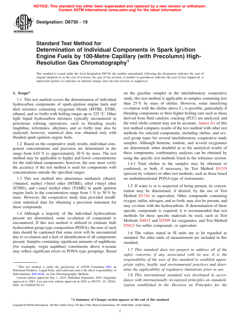 ASTM D6730-19 - Standard Test Method for Determination of Individual Components in Spark Ignition Engine   Fuels by 100-Metre Capillary (with Precolumn) High-Resolution  Gas  Chromatography