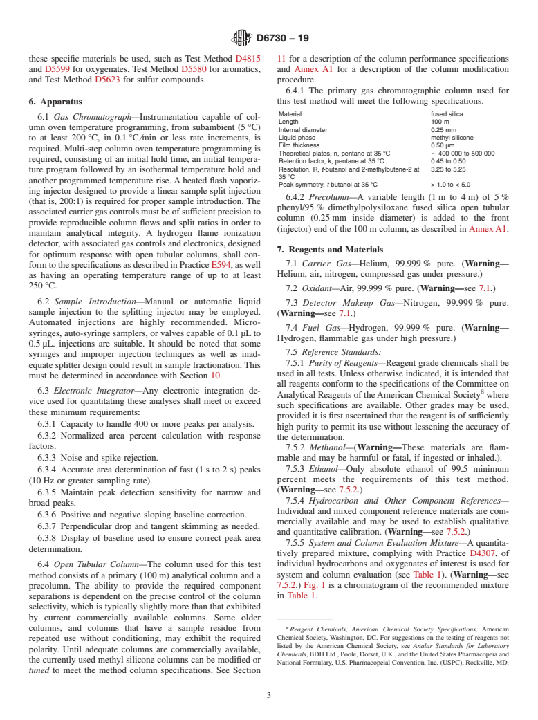 ASTM D6730-19 - Standard Test Method for Determination of Individual Components in Spark Ignition Engine   Fuels by 100-Metre Capillary (with Precolumn) High-Resolution  Gas  Chromatography