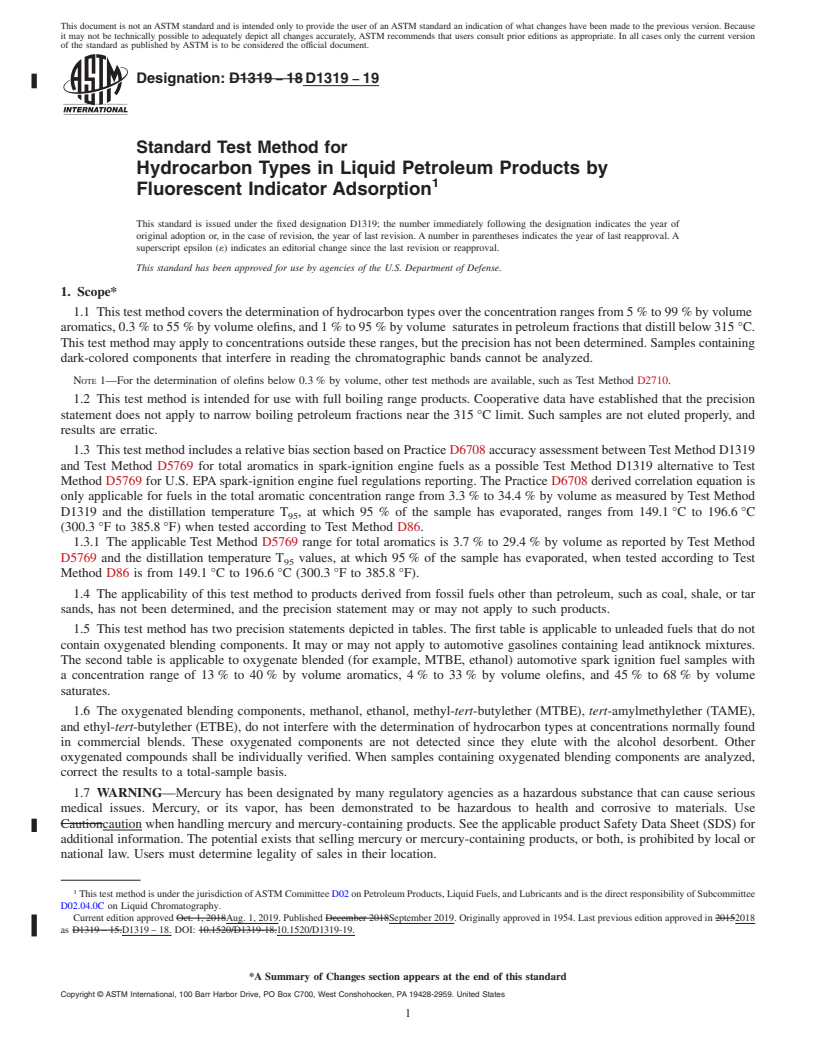 REDLINE ASTM D1319-19 - Standard Test Method for Hydrocarbon Types in Liquid Petroleum Products by Fluorescent   Indicator Adsorption