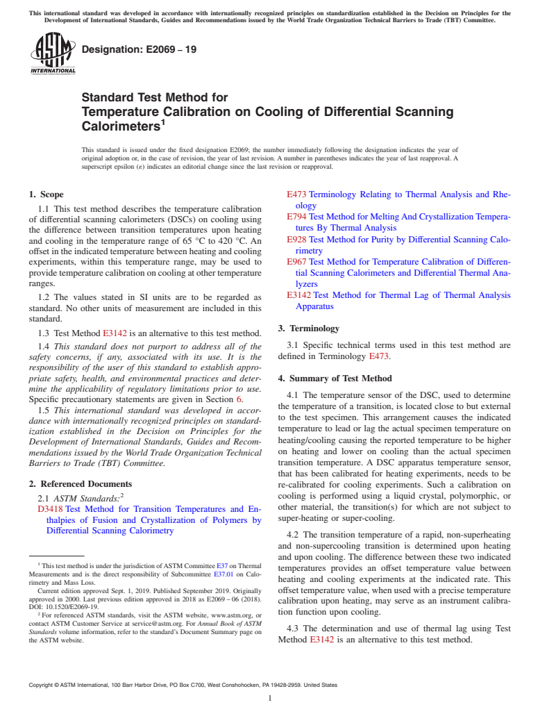 ASTM E2069-19 - Standard Test Method for  Temperature Calibration on Cooling of Differential Scanning  Calorimeters