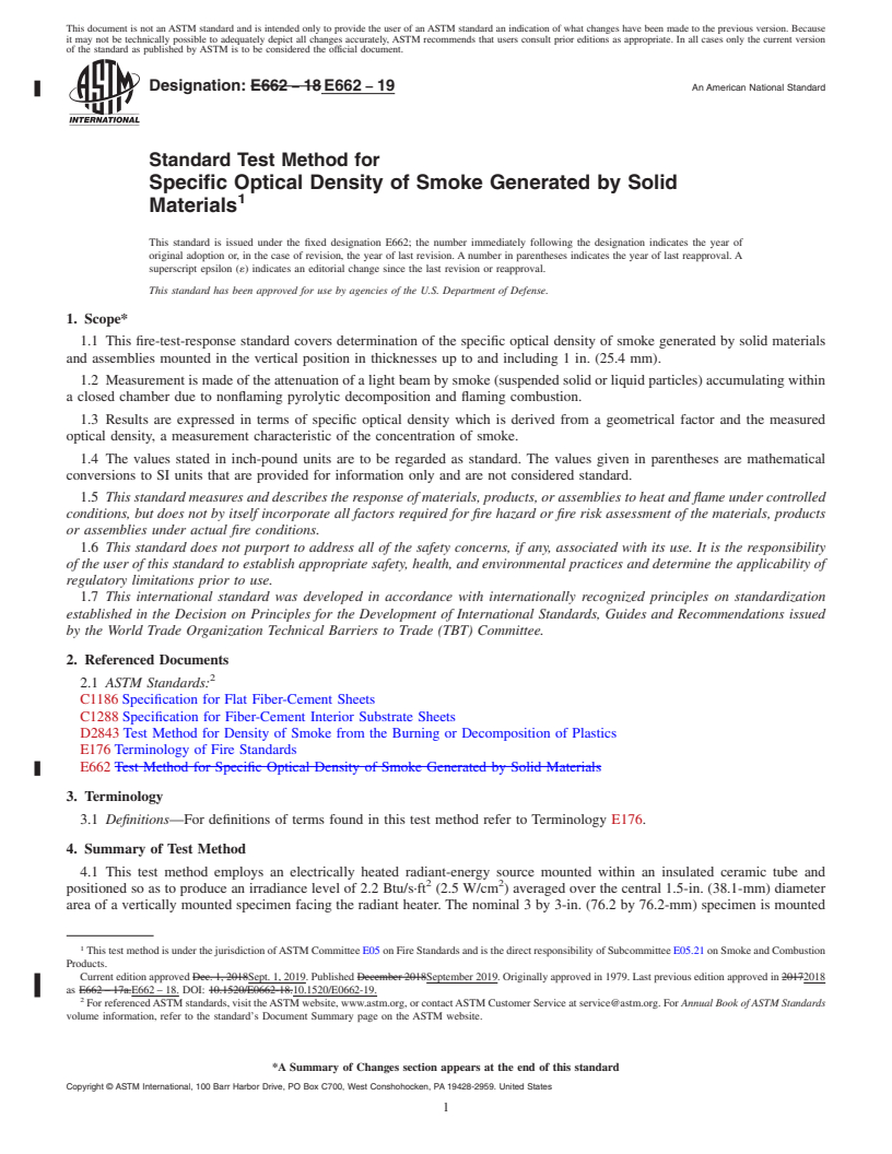 REDLINE ASTM E662-19 - Standard Test Method for  Specific Optical Density of Smoke Generated by Solid Materials