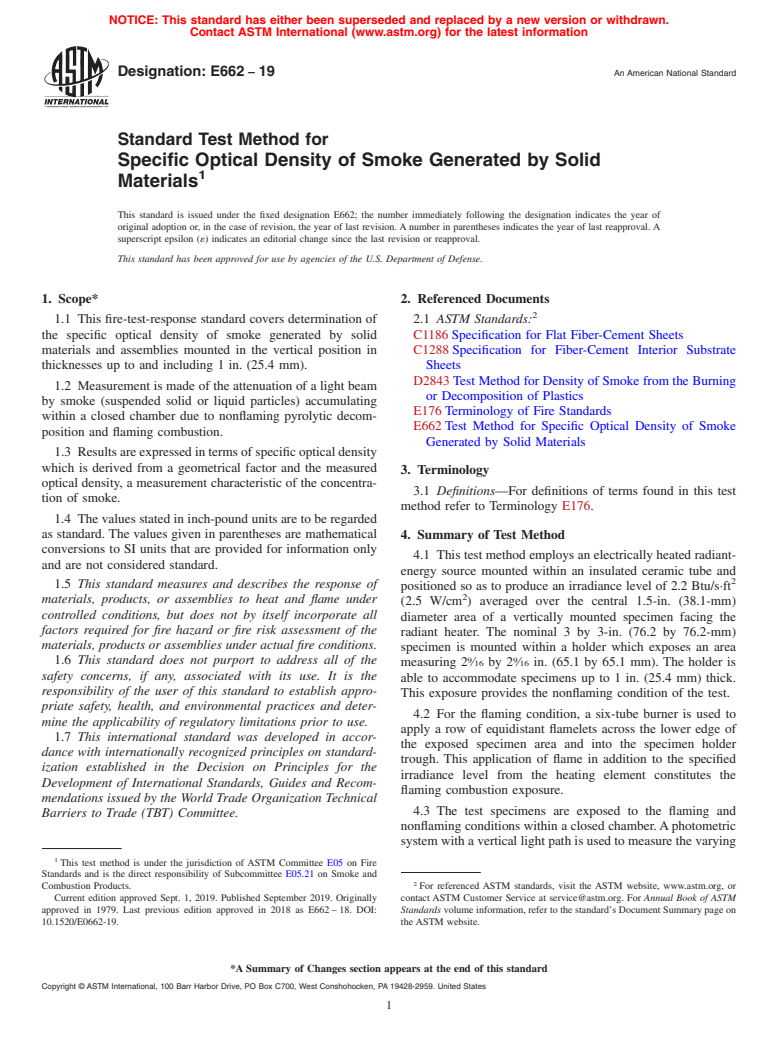 ASTM E662-19 - Standard Test Method for  Specific Optical Density of Smoke Generated by Solid Materials