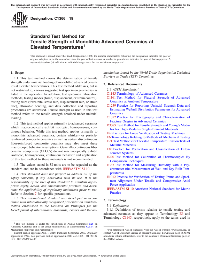 ASTM C1366-19 - Standard Test Method for Tensile Strength of Monolithic Advanced Ceramics at Elevated  Temperatures