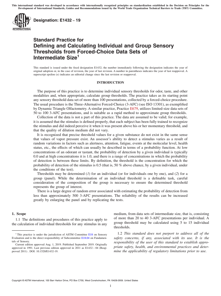 ASTM E1432-19 - Standard Practice for  Defining and Calculating Individual and Group Sensory Thresholds from Forced-Choice Data Sets of<brk/> Intermediate Size