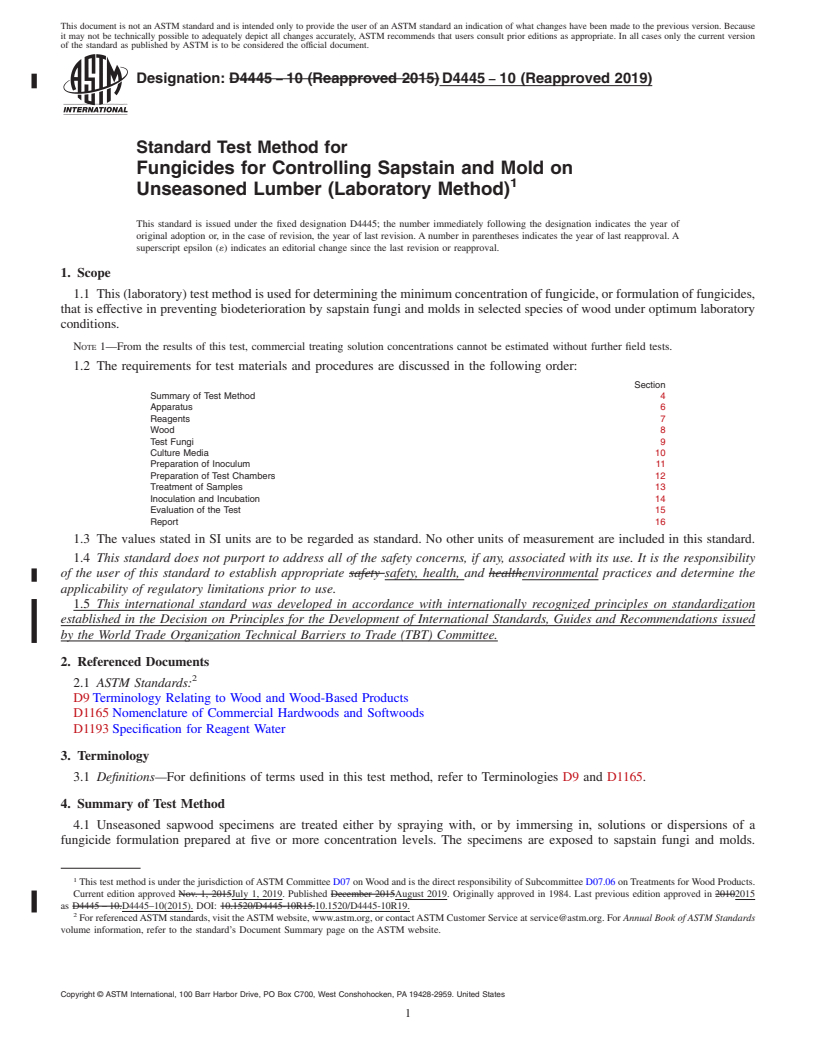 REDLINE ASTM D4445-10(2019) - Standard Test Method for Fungicides for Controlling Sapstain and Mold on Unseasoned   Lumber (Laboratory Method)