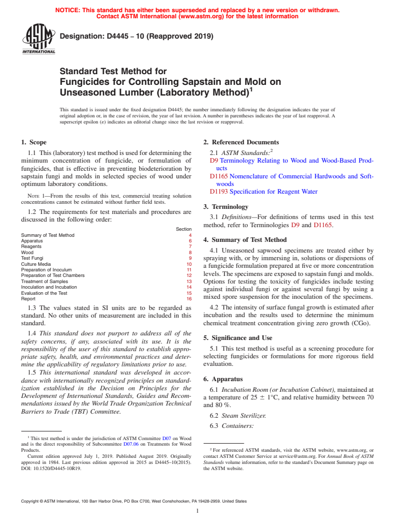 ASTM D4445-10(2019) - Standard Test Method for Fungicides for Controlling Sapstain and Mold on Unseasoned   Lumber (Laboratory Method)