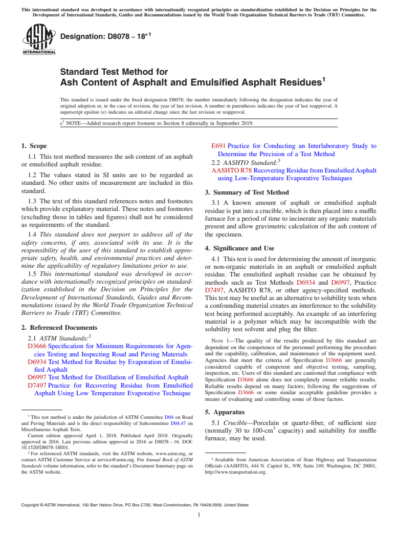 ASTM D8078-18e1 - Standard Test Method for Ash Content of Asphalt and Emulsified Asphalt Residues