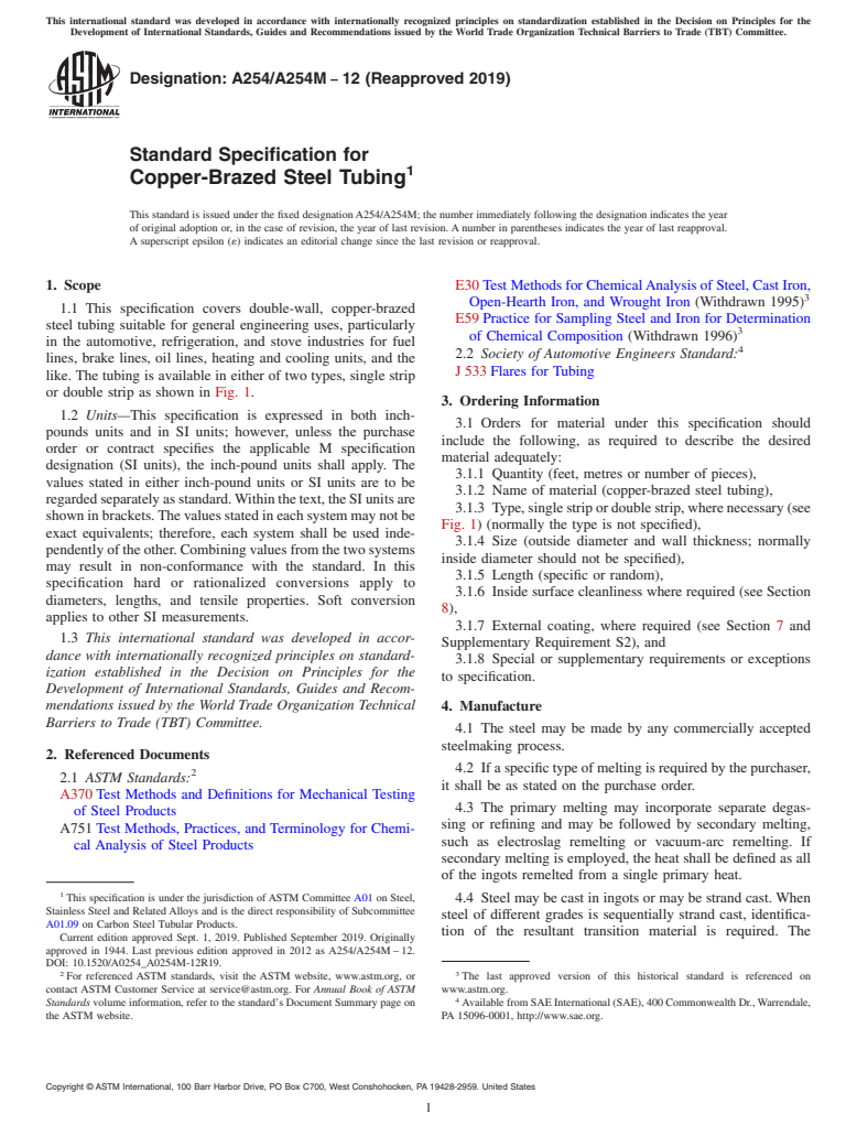 ASTM A254/A254M-12(2019) - Standard Specification for  Copper-Brazed Steel Tubing