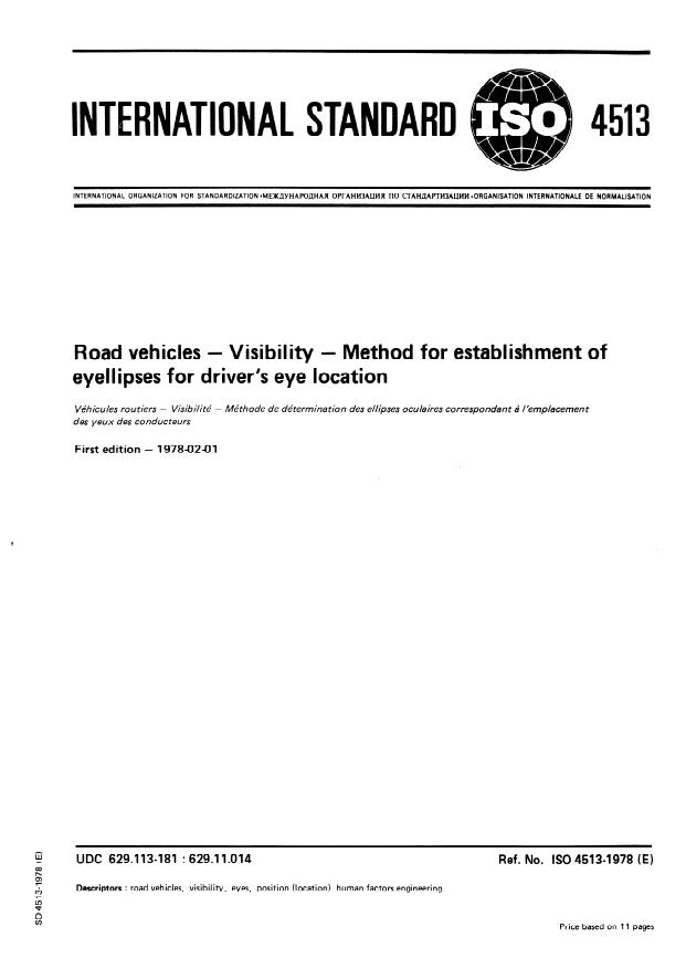 ISO 4513:1978 - Road vehicles -- Visibility -- Method for establishment of eyellipses for driver's eye location