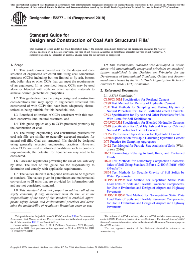 ASTM E2277-14(2019) - Standard Guide for  Design and Construction of Coal Ash Structural Fills