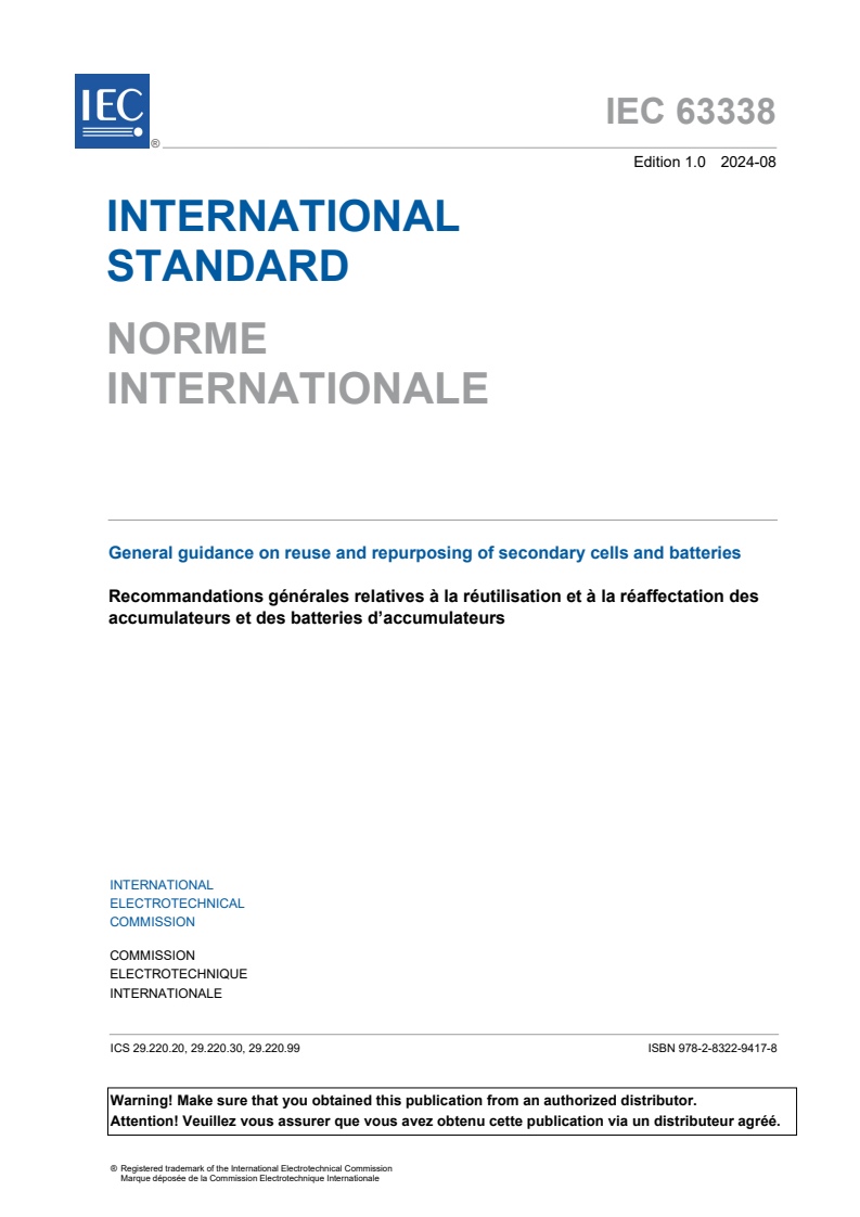 IEC 63338:2024 - General guidance on reuse and repurposing of secondary cells and batteries
Released:6. 08. 2024
Isbn:9782832294178