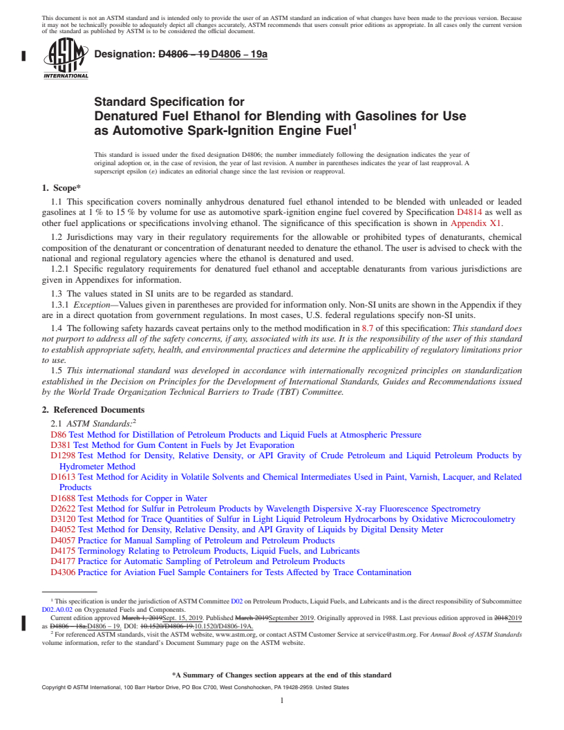 REDLINE ASTM D4806-19a - Standard Specification for Denatured Fuel Ethanol for Blending with Gasolines for Use  as Automotive Spark-Ignition Engine Fuel