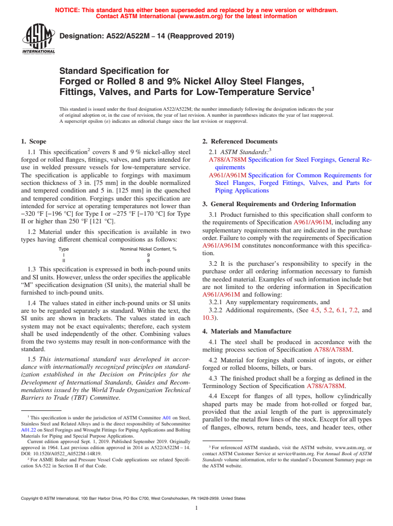 ASTM A522/A522M-14(2019) - Standard Specification for  Forged or Rolled 8 and 9% Nickel Alloy Steel Flanges, Fittings,   Valves, and Parts for Low-Temperature Service