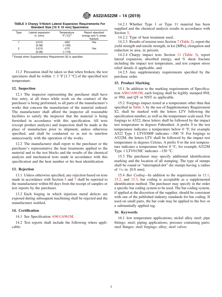 ASTM A522/A522M-14(2019) - Standard Specification for  Forged or Rolled 8 and 9% Nickel Alloy Steel Flanges, Fittings,   Valves, and Parts for Low-Temperature Service