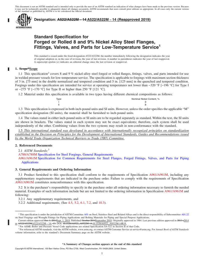 REDLINE ASTM A522/A522M-14(2019) - Standard Specification for  Forged or Rolled 8 and 9% Nickel Alloy Steel Flanges, Fittings,   Valves, and Parts for Low-Temperature Service