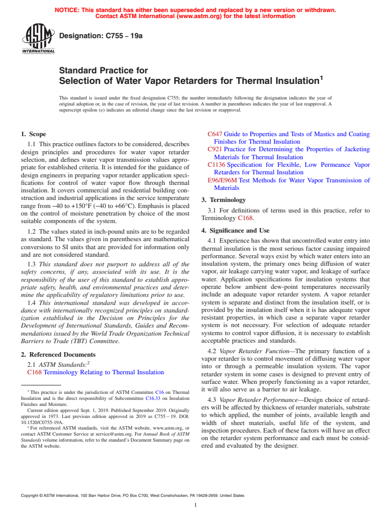 ASTM C755-19a - Standard Practice for Selection of Water Vapor Retarders for Thermal Insulation
