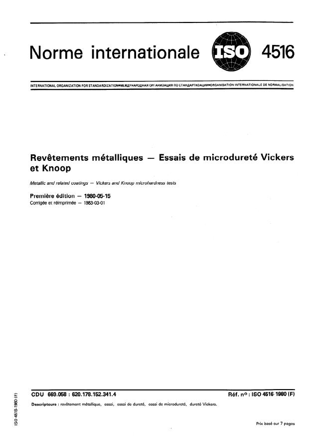 ISO 4516:1980 - Revetements métalliques -- Essais de microdureté Vickers et Knoop