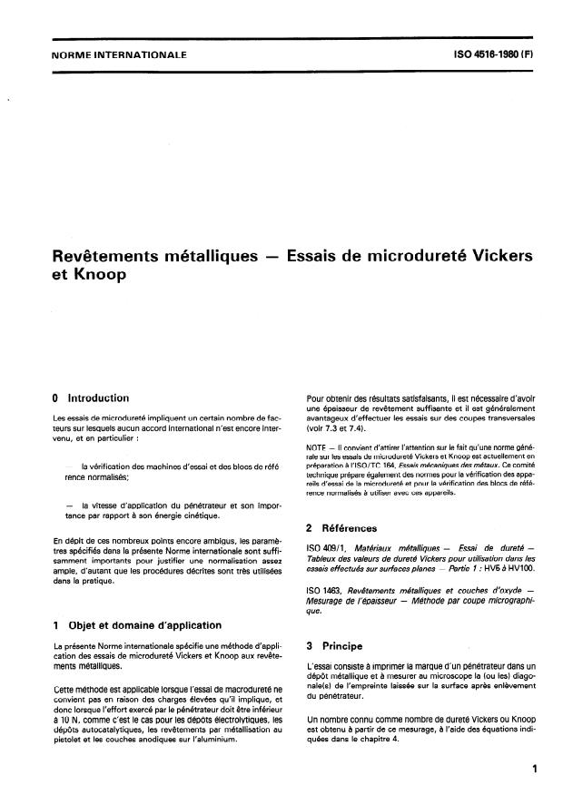 ISO 4516:1980 - Revetements métalliques -- Essais de microdureté Vickers et Knoop