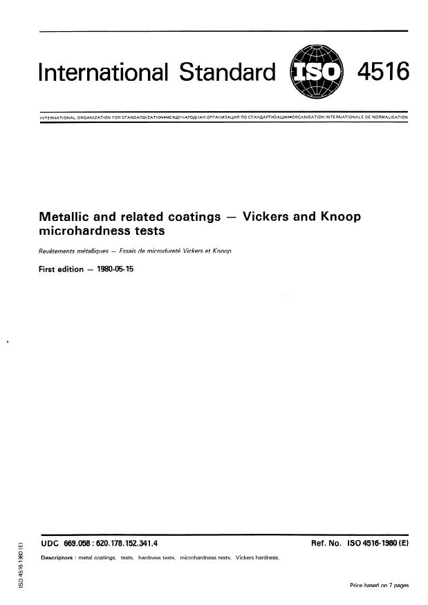 ISO 4516:1980 - Metallic and related coatings -- Vickers and Knoop microhardness tests