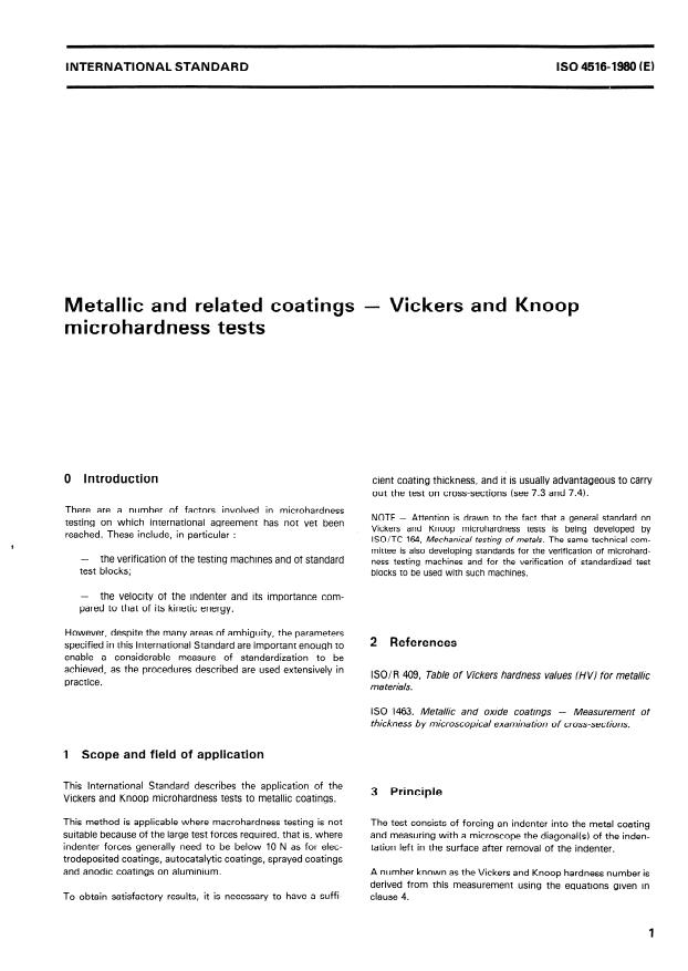 ISO 4516:1980 - Metallic and related coatings -- Vickers and Knoop microhardness tests