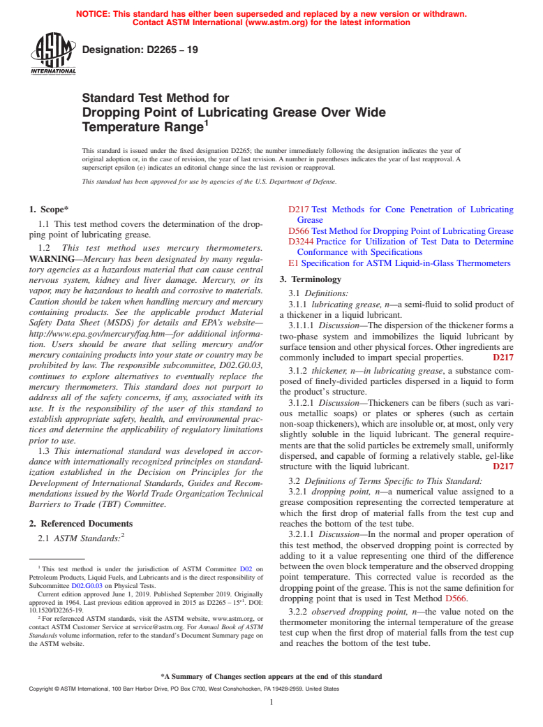 ASTM D2265-19 - Standard Test Method for  Dropping Point of Lubricating Grease Over Wide Temperature   Range